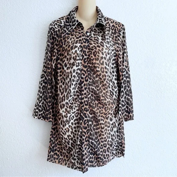 Ganni Leopard Print Button Down Blouse Black Tan Size 40 (US 8) Animal Print Top - Picture 2 of 10